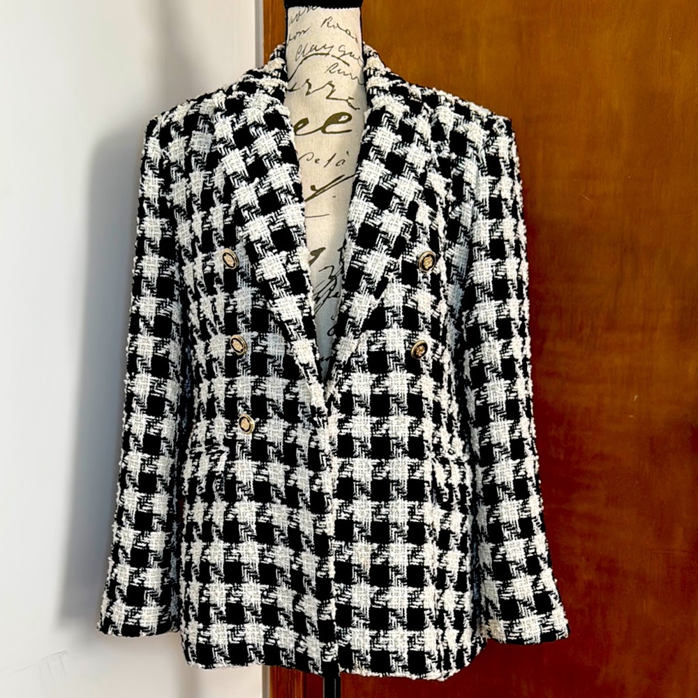 ZARA Black & Cream Checkered Tweed Blazer | M